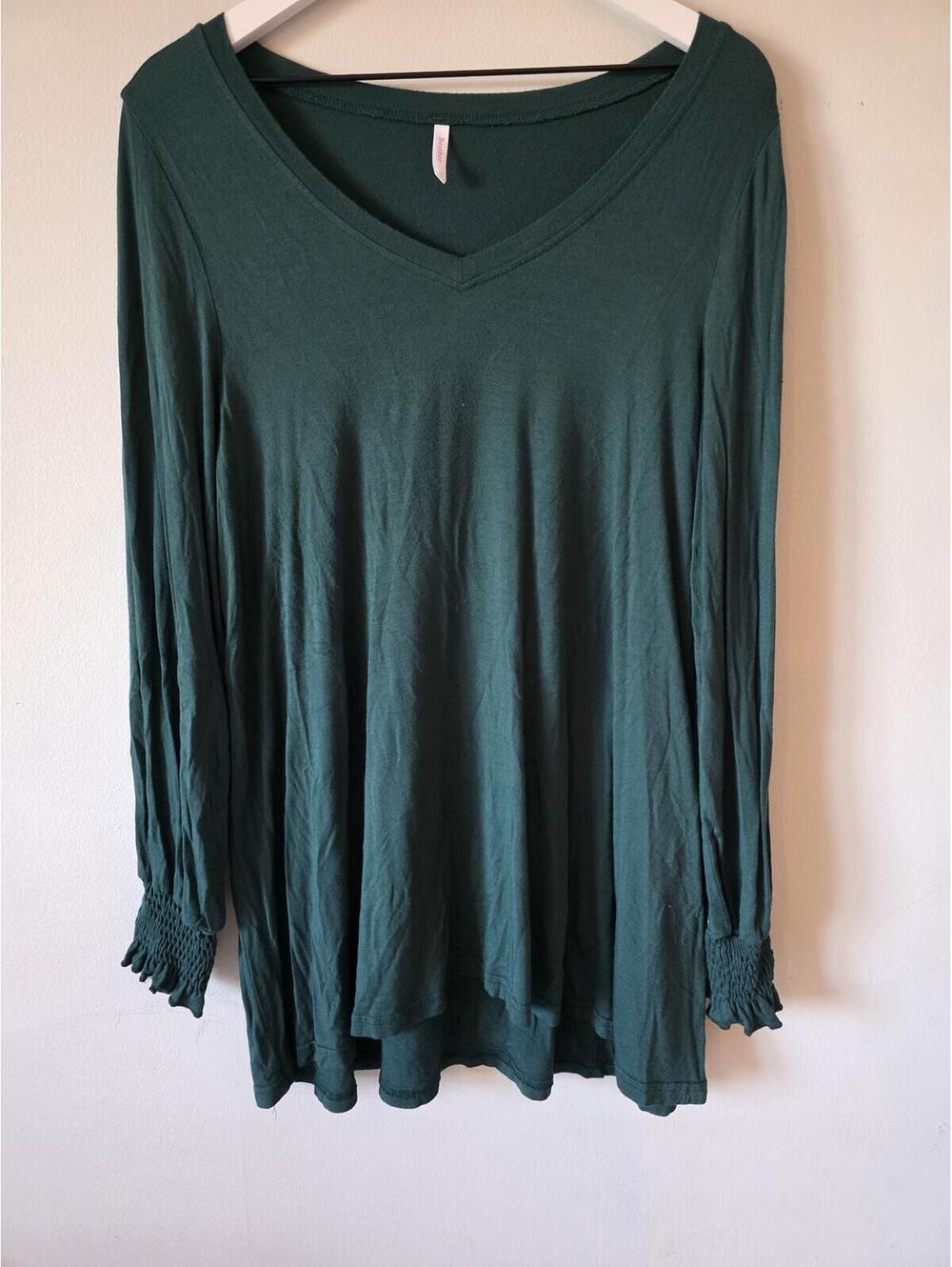 Bestbee Forest Green V-Neck Tunic Top Smocked Ruffle Cuffs Size Large